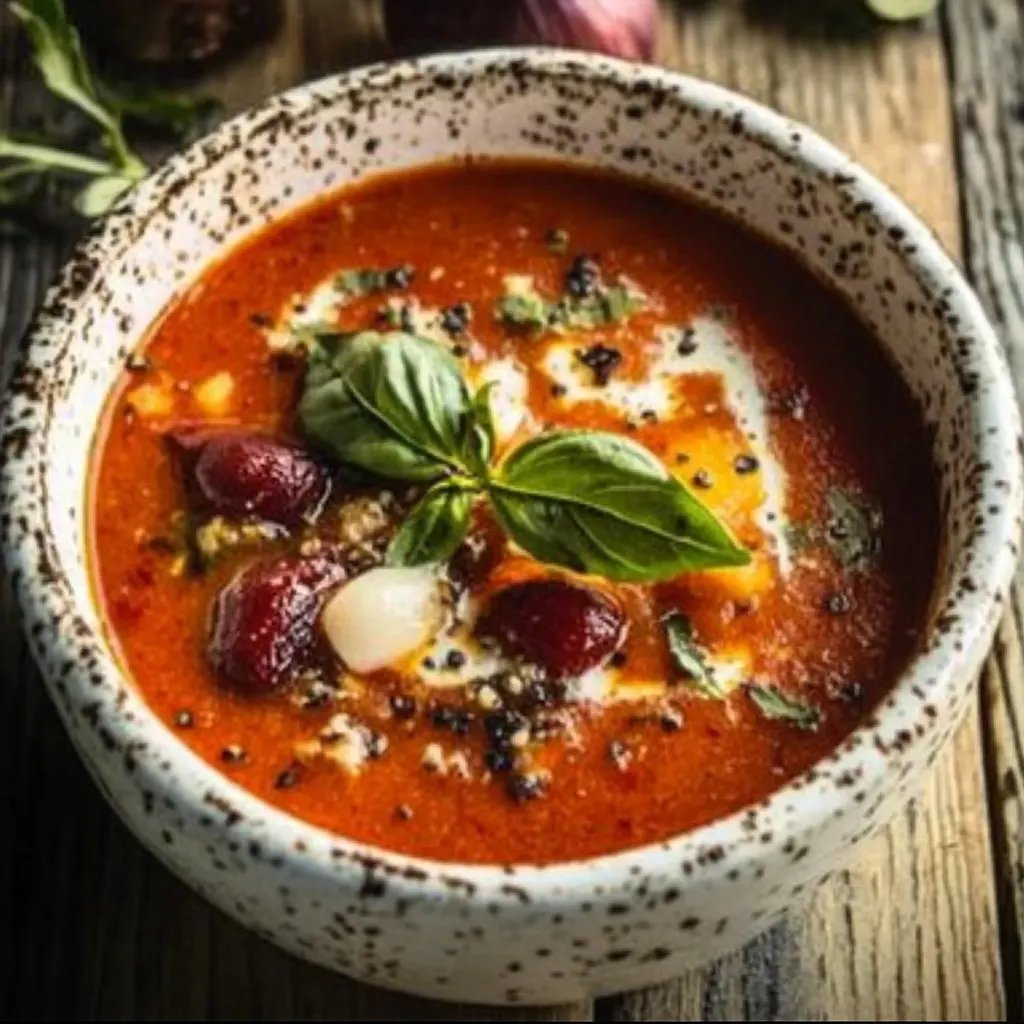 Sommerliche Tomatensuppe mit gerösteten Tomaten und frischen Kräutern