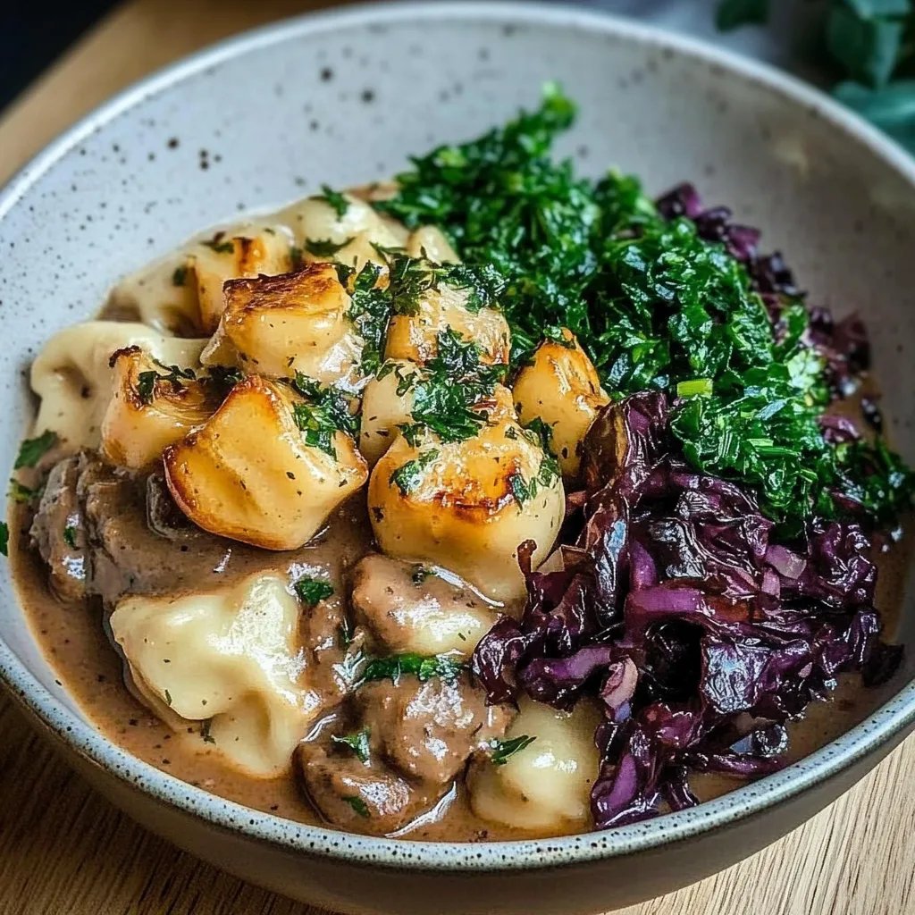 Herzhaftes Pilz-Maronen Ragout mit Ofenknödeln und Rotkraut