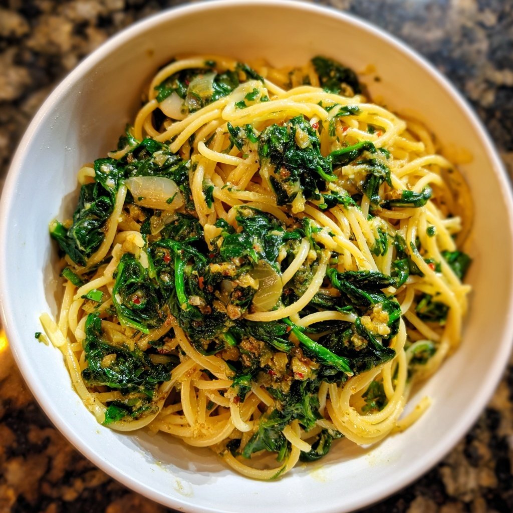 Spaghetti mit Spinat und Knoblauch